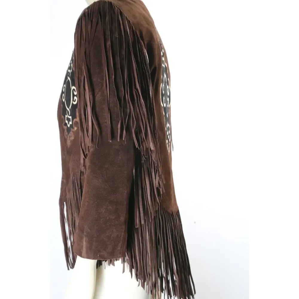 Vintage Brown Suede Fringe Western Jacket XS Boho Embroidered Statement Piece - Picture 8 of 16